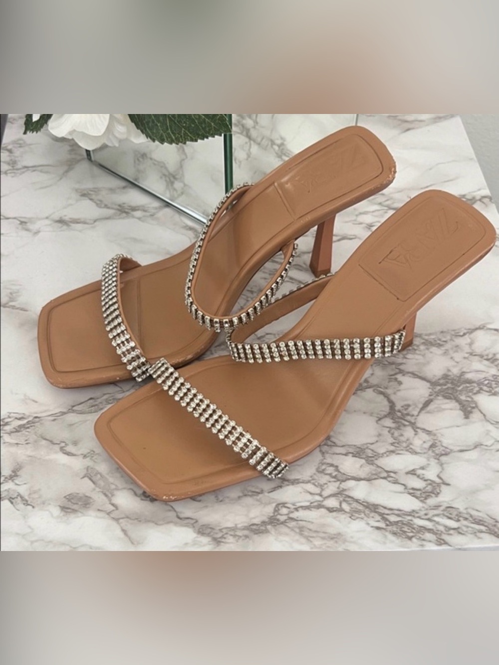 Zara Tan Rhinestone-Strap Square Toe Heeled Sandals